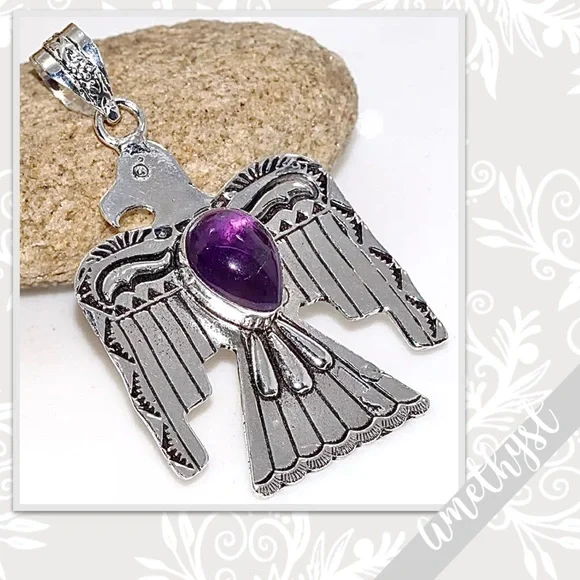 Amethyst Large Silver Artisan Thunderbird Pendant 2.5β (Purple) - Picture 1 of 4